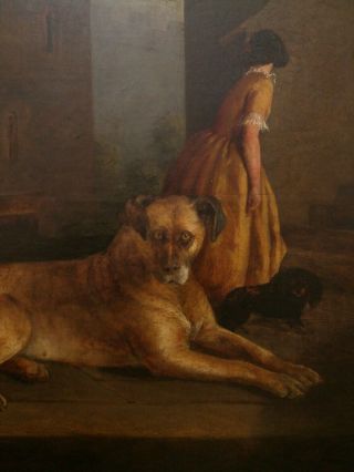 THOS GRIMSHAW ANTIQUE OIL PAINTING,  GREAT DANE,  SPANIEL,  GIRL IN CASTLE 4