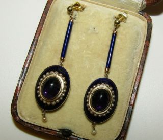 Rare,  Antique Victorian 14 Ct Gold Enamel Earrings With Amethyst & Seed Pearls