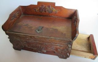 Antique Chinese Wood Offering Tea Box W/carvings & Secret Drawer