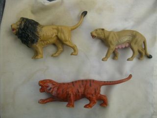 J.  H.  Miller Lions & Tiger 1950s Blo - Mold Plastic Painted Wild Animal Figures