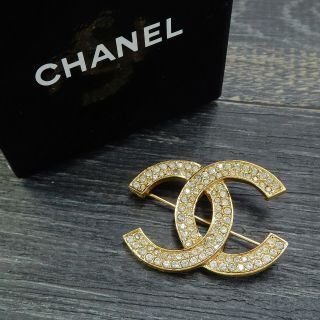 Chanel Gold Plated Cc Logos Rhinestone Vintage Pin Brooch 4632a Rise - On