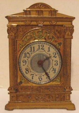 Old Intricate Miniature Tin Wind Up Toy Mantel Clock For Dollhouse