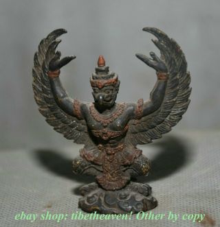 6CM Old Tibet Bronze Painting Temple Redpoll Winged Garuda Bird Buddha Statue 3