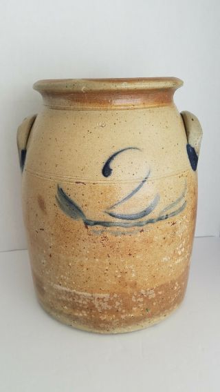 Antique Primitive Salt Glazed Stoneware 2 Gallon Churn Crock Blue Pattern