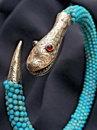 Stunning Victorian Gold & Turquoise Bead Serpent Snake Bangle Ruby Eyes Antique