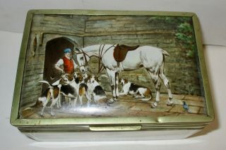 Antique Glass Dresser Box Hand Painted Hunt Scene Horse Hounds