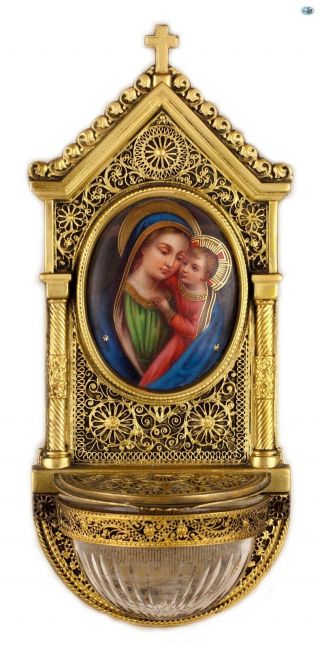 Antique 1900s German Porcelain Crystal Brass Icon Holy Water Mary Jesus Christ