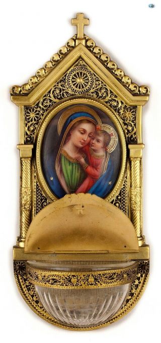 Antique 1900s German Porcelain Crystal Brass Icon Holy Water Mary Jesus Christ 2