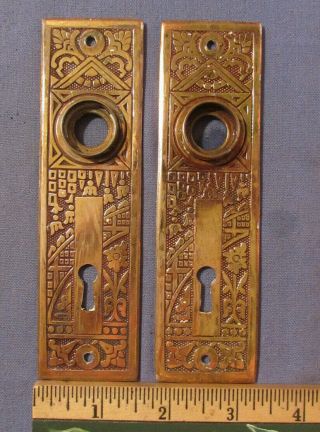 Pair Antique Eastlake Fancy Design Brass Door Knobs Plates 5 1/2 X 1 1/2 Inches