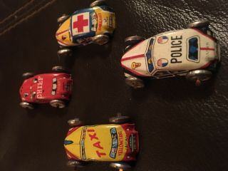 VINTAGE METAL TOY CARS,  1950’s,  JAPAN,  TAXI,  POLICE,  AMBULANCE,  FIRE,  TIN,  OLD 2