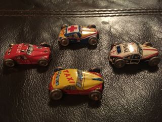 VINTAGE METAL TOY CARS,  1950’s,  JAPAN,  TAXI,  POLICE,  AMBULANCE,  FIRE,  TIN,  OLD 3