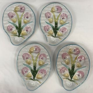 Set Of 4 Antique Vintage Hand Painted Ceramic Oyster Plates Marked R In Diamond