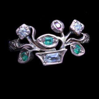 Georgian Giardinetti Ring 15ct Gold Diamonds Emeralds Ruby Antique Jewelry (6617