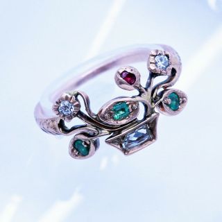 Georgian Giardinetti Ring 15ct Gold Diamonds Emeralds Ruby Antique Jewelry (6617 2