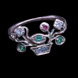 Georgian Giardinetti Ring 15ct Gold Diamonds Emeralds Ruby Antique Jewelry (6617 5