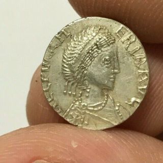 Ancient Roman Silver Coin With Cross Aelia Pulcheria 1.  3gr 14.  8mm