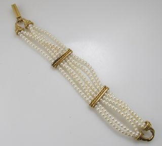 Fabulous 18k Yellow Gold 6 Strand Pearl Bracelet Cable Station Heavy