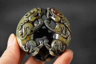 Exquisite Chinese Old Jade Carved Double Beast Amulet Pendant J19