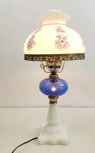 Vintage Hand - Painted Milk Glass & Brass Blue Glass Hurricane Parlor Lamp Light