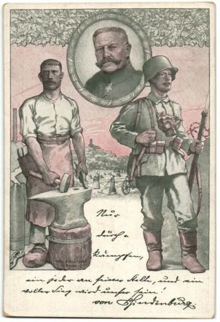 German Wwi Steel Helmet Soldier And Blacksmith Postcard 1917