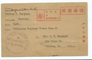 Wwii Pow Postcard Davao Philippine Camp 2 American Japan Censor Corregidor