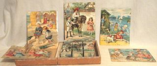 Antique Children’s Litho Picture Puzzle 12 Wood Blocks In Wood Box With Pictures