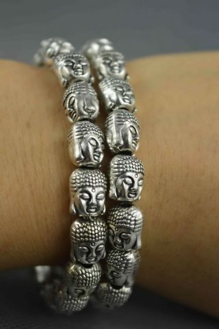 Collectable Auspicious Handwork Miao Silver Carve Buddha Head Souvenir Bracelets