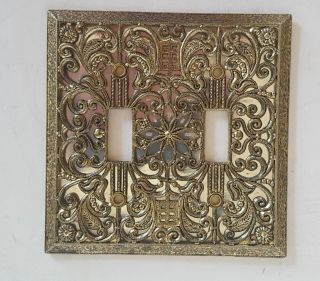 Vintage Antique Gold Metal Filigree Mirror Back Double Light Switch Plate Cover