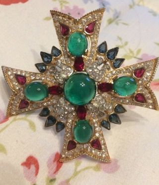 RARE TRIFARI REGAL JEWEL CROSS PIN BROOCH IN EUC SIGNED 