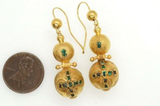 Antique European Victorian 18k Gold Emerald Cross Orb Drop Earrings