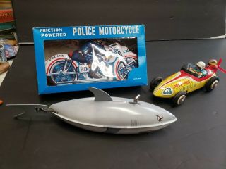 Vintage Tin Toys Japan Friction And Wind Up Motorcycle,  Racecar,  Shark