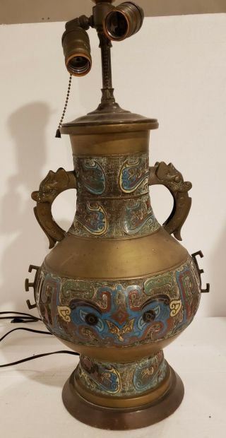 Antique Asian Bronze Champleve Cloisonne Enamel Vase Lamp