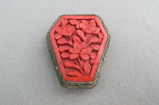 Vintage Nickle Silver Chinese Hand Carved Crimson Red Cinnabar Fur Clip
