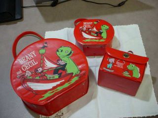3 Vintage Beany And Cecil Red Plastic Bags Lunch Bag? & 2 Small Purses/bags 1949
