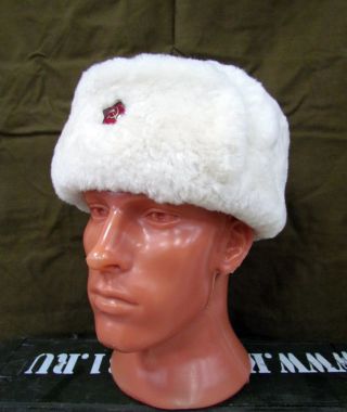 Soviet Red Russian Army Winter Hat Ushanka Ww2.  Real Sheepskin Fur.  White.  Rare