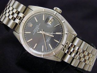 Rolex Date Mens Stainless Steel Watch Engine - Turned Index Bezel Slate Gray Dial