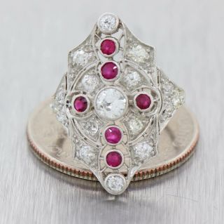 1930s Antique Art Deco Estate Platinum 1.  50ctw Diamond Ruby Cocktail Ring 5