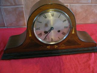 Vintage Inlaid Wood Chime Mantle Clock With Key