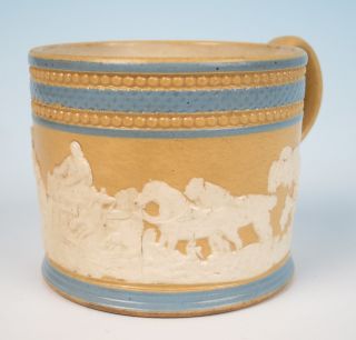Antique Staffordshire Sprigged Stoneware Fox Hunt Scene Mug Cup English Pottery