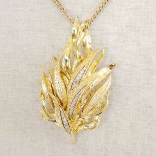 Large 18k Textured Gold Leaf Shaped Pendant / Brooch,  21 Diamonds,  30 grams 5