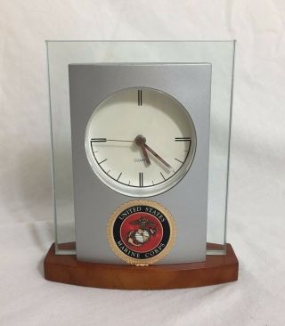 United States Marine Corps Marines Emblem Glass Wood Desk Clock Military Usmc