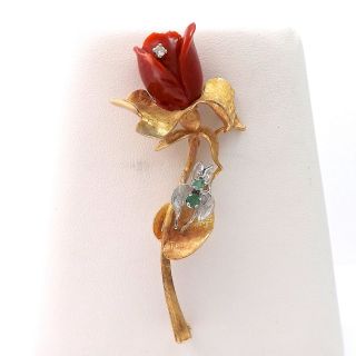 Vintage 14k Gold Red Coral Long Stem Rose Diamond Emerald June Bug Brooch Pin