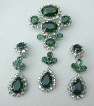 Vtg.  1958 Christian Dior Green Tourmaline Paste Crystal Brooch Earring Set Signed