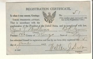 Wwi Registration Certif Pvt C T Mullins/ Us Ambulance Service Section 573 Italy