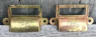 Antique Pair (2) Of Yawman & Erbe Y&e Brass File Cabinet Drawer Pulls C.  1905