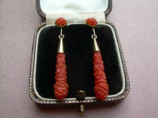 Antique Victorian 9ct Gold Long Drop Natural Red Coral Carved Earrings
