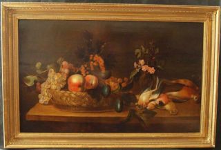 Large 17th Century Flemish Still Life Fruit Birds On Table Antique Oil Painting