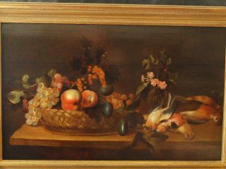 LARGE 17th Century FLEMISH STILL LIFE FRUIT BIRDS ON TABLE Antique Oil Painting 2