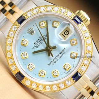 Rolex Ladies Datejust Ice Blue Sapphire Diamond 18k Yellow Gold & Steel Watch