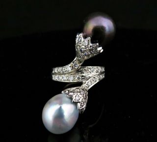 Vintage Toi At Moi White & Black Pearl Ring Diamond 14k White Gold Retro Estate 5